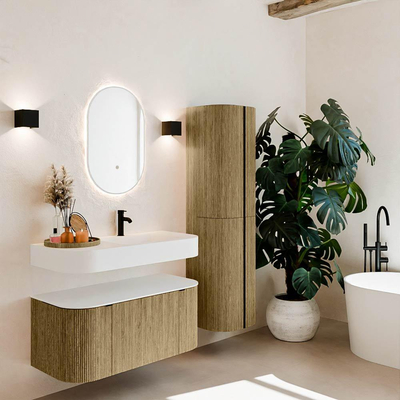 MONDIAZ THOR 100cm meuble de salle de bains arrondi gauche + droite couleur Dusk avec 1 tiroir et 2 portes. Vasque suspendue CLOUD droite 1 trou de robinet couleur Talc.