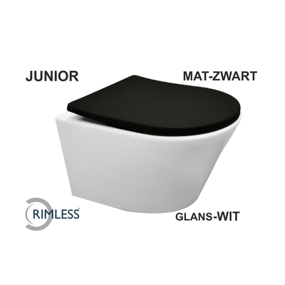 Duur Kinderpaleis Kennis maken Wiesbaden Vesta-Junior spoelrandloos wandcloset wit 47cm + Shade zitting  zwart mat - 32.6031 - Sanitairwinkel.nl