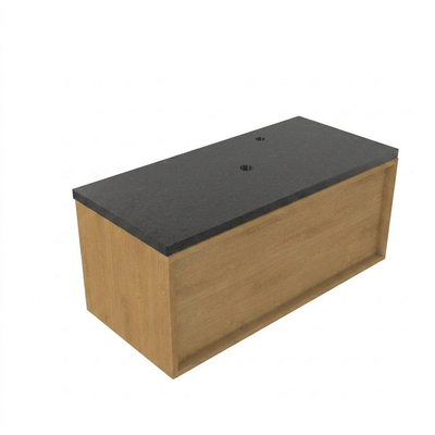 Saniclass Holz Frame Ensemble meuble de salle de bains - 100x45x43cm - Plan vasque en basalte Noche poli (noir) - 1 trou de robinetterie - 1 tiroir - chêne natural mat (bois)