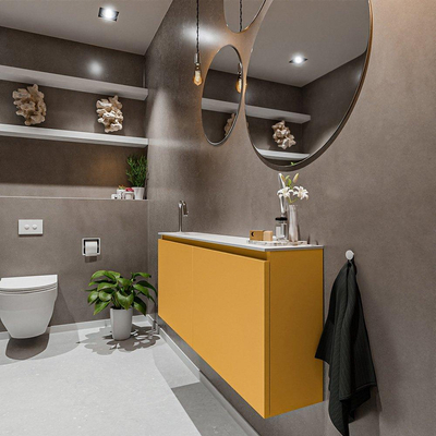 MONDIAZ TURE Toiletmeubel 120x23x50cm met 1 kraangaten 2 deuren ocher mat Wastafel Eden links Solid Surface Wit