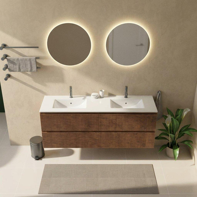 Saniclass Holz Atelier Ensemble de meubles de salle de bains - 160x45x62cm - Lavabo Vygo en céramique blanc - 2 vasques - 2 trous de robinet - 4 tiroirs - noyer pure mat (bois)
