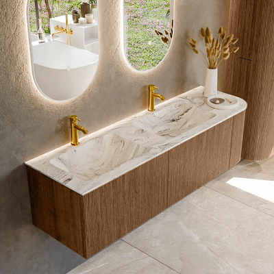 MONDIAZ KURVE-DLUX 155cm Meuble salle de bain avec module 25 D - couleur Walnut - 2 tiroirs - 1 porte - vasque LEAF double / gauche - 2 trous de robinet - couleur Glace