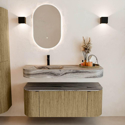 MONDIAZ THOR-DLUX 120cm meuble de salle de bains arrondi gauche + droite couleur Dusk avec 1 tiroir et 2 portes. Vasque suspendue CLOUD Gauche 1 trou de robinet couleur Sombra.