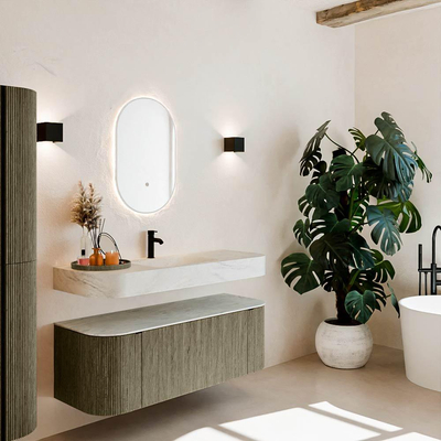 MONDIAZ THOR-DLUX 130cm meuble de salle de bains arrondi gauche + droite couleur Shadow avec 1 tiroir et 2 portes. Vasque suspendue CLOUD Milieu 1 trou de robinet couleur Opalo.