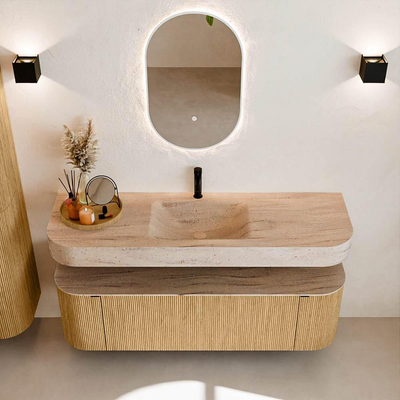 MONDIAZ THOR-DLUX 150cm badmeubel ronding links + rechts kleur Oak met 1 lade en 2 deuren. Vrijhangende wastafel CLOUD Midden 1 kraangat kleur Saba.