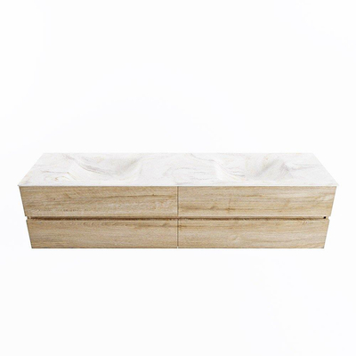 MONDIAZ VICA-DLUX Badkamermeubelset - 200cm - onderkast washed oak - 4 lades - inbouw wastafel cloud dubbel - 2 kraangaten - spiegel model spot - XL versie 60cm hoog - ostra