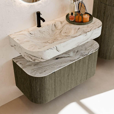 MONDIAZ THOR-DLUX 100cm meuble de salle de bains arrondi gauche + droite couleur Shadow avec 1 tiroir et 2 portes. Vasque suspendue CLOUD Gauche 1 trou de robinet couleur Glace.