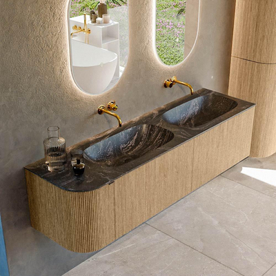 MONDIAZ KURVE-DLUX 165cm badmeubel met module 25 L kleur Oak met 2 lades en 1 deur. Wastafel STOR SMALL dubbel / rechts zonder kraangat kleur Lava.