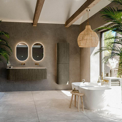 MONDIAZ KURVE-DLUX 145cm meuble de salle de bains arrondi à gauche couleur Shadow avec 1 tiroir et 1 porte. Lavabo LEAF Double / droite sans trou de robinet Nata.