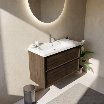 Saniclass Holz Frame Ensemble meuble de salle de bains - 100x45x63.5cm - Palermo lavabo en céramique blanc - 1 vasque - 1 trou de robinet - 2 tiroirs - chêne charcoal mat (bois)