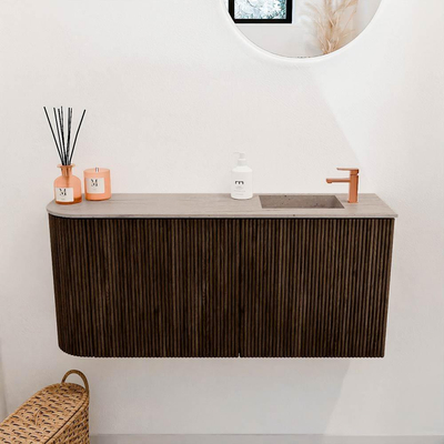 Mondiaz JOYA-DLUX 91.6cm toiletmeubel - ronding links kleur Walnut - Wastafel FAYE positie Rechts 1 kraangat kleur Saba.