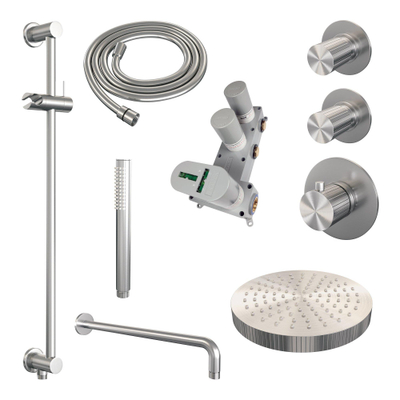 BRAUER Stripe Thermostatische Inbouw Regendouche - SET 08 - 25cm douchekop - gebogen muurarm - staaf handdouche - doucheslang - geïntegreerde glijstang - RVS-kleurig geborsteld PVD