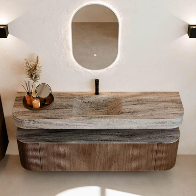 MONDIAZ THOR-DLUX 170cm badmeubel ronding links + rechts kleur Walnut met 1 lade en 2 deuren. Vrijhangende wastafel CLOUD Midden 1 kraangat kleur Oza.