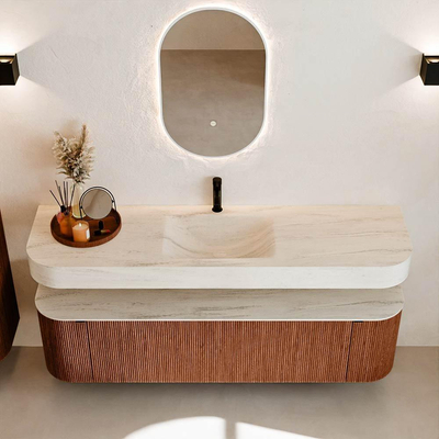 MONDIAZ THOR-DLUX 170cm meuble de salle de bains arrondi gauche + droite couleur Ruby avec 1 tiroir et 2 portes. Vasque suspendue CLOUD Milieu 1 trou de robinet couleur Meli.