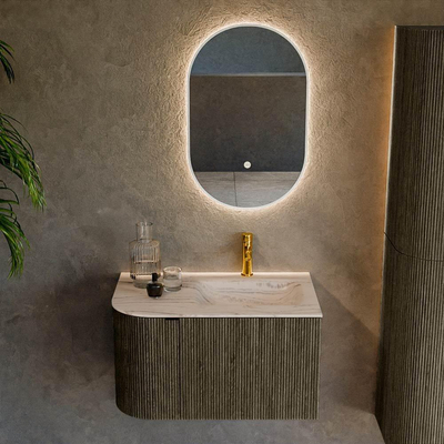 MONDIAZ KURVE-DLUX 75cm badmeubel ronding Links kleur Shadow met 1 lade en 1 deur. Wastafel GRUNNE Rechts 1 kraangat Nata.