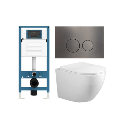 Adema Salina 2.0 Ensemble WC - 48.5x36x32cm - à fond profond - sans rebord de rinçage - réservoir encastré QeramiQ - softclose - quickrelease - abattant de WC - plaque de commande métallique gunmetal - boutons ronds - blanc