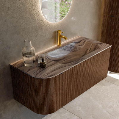 MONDIAZ KURVE-DLUX 105cm badmeubel ronding Links kleur Walnut met 1 lade en 1 deur. Wastafel BIG SMALL Rechts 1 kraangat Sombra.