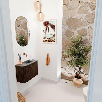 Mondiaz JOYA-DLUX 51.6cm toiletmeubel - ronding links kleur Walnut - Wastafel FAYE positie Rechts Zonder kraangat kleur Sombra.