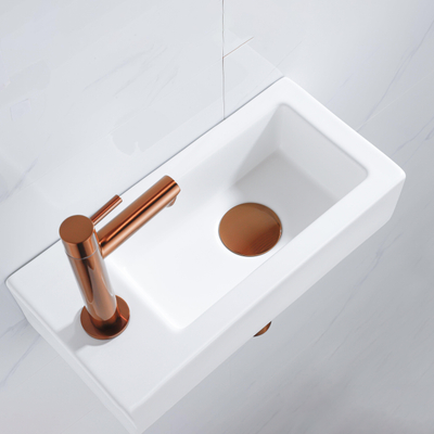 QeramiQ Lave-mains Kit lave-mains - 37.5x18.5x9cm - céramique - trou de robinet gauche - robinet lave-mains en cuivre brossé - bonde de vidage - siphon abaissé - Mat blanc