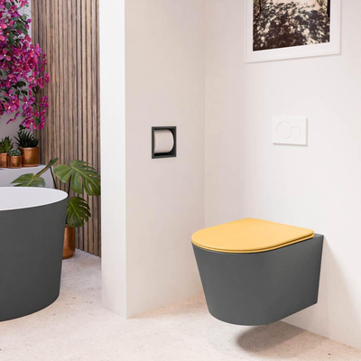 Mondiaz LAVIE hangtoilet – spoelrandloos – 36 x 53 cm – met softclose zitting – Dark grey (grijs), zitting Ocher (geel)