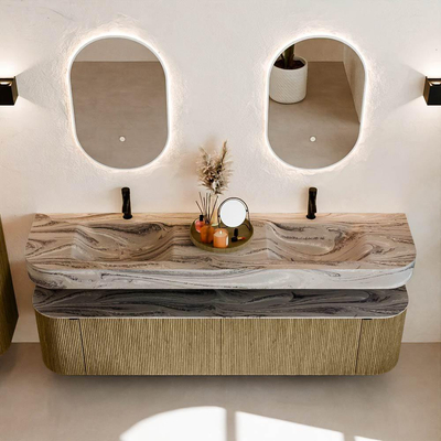 MONDIAZ THOR-DLUX Meuble de salle de bains 190cm arrondi gauche + droite couleur Dusk avec 2 tiroirs et 2 portes. Vasque suspendue CLOUD Double 2 trous de robinet couleur Sombra.