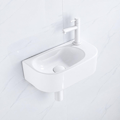 QeramiQ Fuente pack lave-mains – demi-rond – 40 x 21,5 x 12 cm – céramique blanc brillant – robinet blanc mat