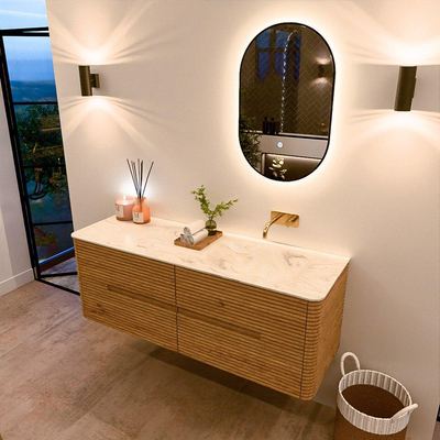 Mondiaz CIRO-DLUX Ensemble de meubles de salle de bains - 140x45x50cm - Plan vasque solid surface Ostra - 1 lavabo à droite - sans trous de robinet - 4 tiroirs - Chêne