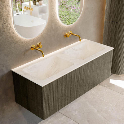 Ensemble de meuble de salle de bain Mondiaz KURVE-DLUX - 120x46x40cm - 1 tiroir - lavabo en solid surface - double - sans trou de robinet - Shadow
