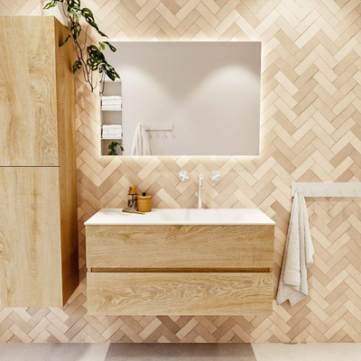 MONDIAZ VICA 100cm badmeubel onderkast Washed Oak 2 lades. Wastafel CLOUD rechts 1 kraangat, kleur Talc.