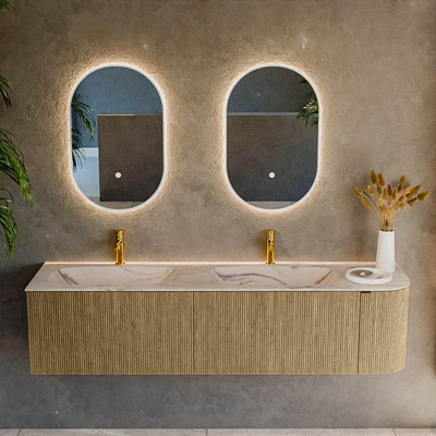 MONDIAZ KURVE-DLUX 175cm meuble de salle de bains avec arrondi à droite couleur Dusk avec 2 tiroirs et 1 porte. Lavabo STOR SMALL Double / Gauche 2 trous de robinet Nata.