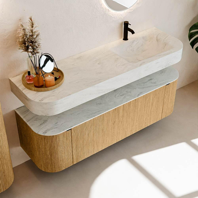 MONDIAZ THOR-DLUX 150cm meuble de salle de bains arrondi gauche + droite couleur Oak avec 1 tiroir et 2 portes. Vasque suspendue CLOUD Droite 1 trou de robinet couleur Opalo.