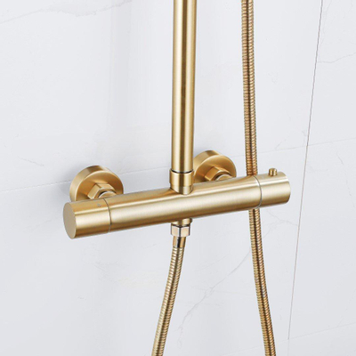 Fortifura Calvi Regendoucheset - thermostatisch - 25cm hoofddouche - metalen slang - staafhanddouche - Geborsteld Messing PVD (Goud)