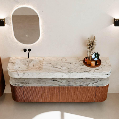 MONDIAZ THOR-DLUX 180cm meuble de salle de bains arrondi gauche + droite couleur Ruby avec 2 tiroirs et 2 portes. Vasque suspendue CLOUD Gauche sans trou de robinet couleur Glace.