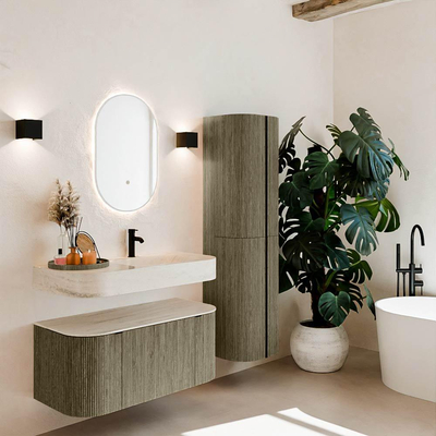 MONDIAZ THOR-DLUX Meuble de salle de bains 100cm arrondi gauche + droite couleur Shadow avec 1 tiroir et 2 portes. Vasque suspendue CLOUD Droite 1 trou de robinet couleur Meli.