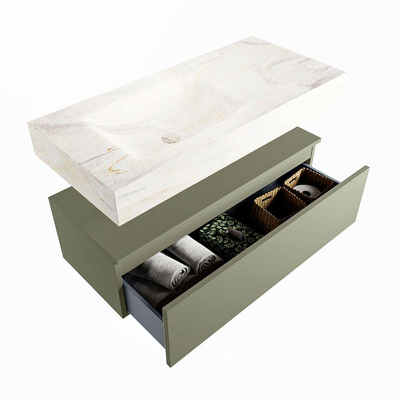 Mondiaz ALAN-DLUX Ensemble de meuble - 100cm - meuble Army mat - 1 tiroir - Lavabo Cloud Ostra suspendu - vasque Gauche - 1 trou de robinet