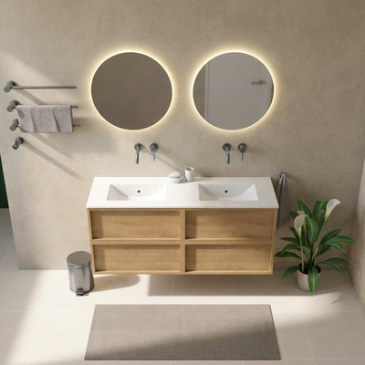 Saniclass Holz Frame Ensemble de meubles de salle de bains - 140x45x62cm - lavabo Vygo en céramique blanc - 2 vasques - sans trous de robinet - 4 tiroirs - chêne naturel brillant (bois)