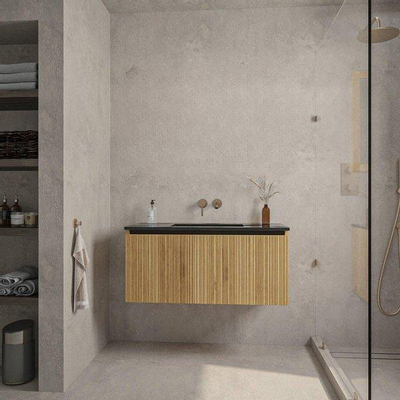 Saniclass Holz Base Badkamermeubelset - 100cm - 1 keramische wasbak zwart - zonder kraangat - 1 lade - spiegel - eiken