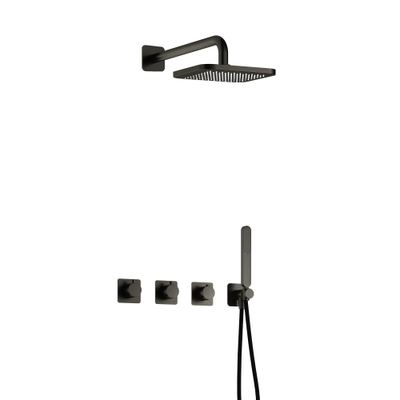Hotbath Gal IBSGL70 Ensemble de douche encastré thermostatique - 2 robinets d'arrêt - bras de douche mural 35 cm - tête de douche carrée 22 cm - douchette à main bâton - gun metal brossé PVD