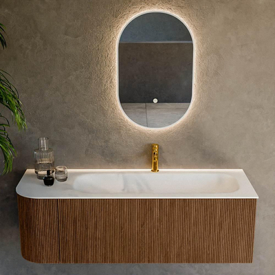 MONDIAZ KURVE 135cm Meuble salle de bain avec module 25 G - couleur Walnut - 1 tiroir - 1 porte - vasque BIG MEDIUM droite - 1 trou de robinet - Talc