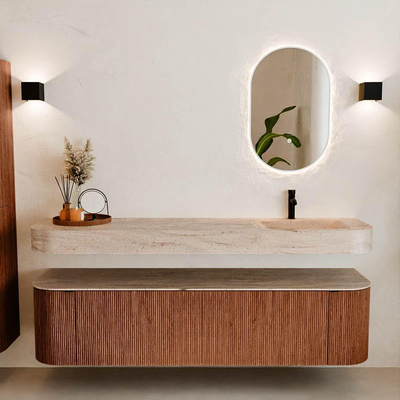 MONDIAZ THOR-DLUX 180cm meuble de salle de bains arrondi gauche + droite couleur Ruby avec 2 tiroirs et 2 portes. Vasque suspendue CLOUD Droite 1 trou de robinet couleur Saba.