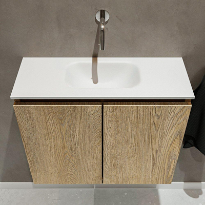 MONDIAZ TURE Kit lave-mains - 60x23x50cm - 0 trous de robinet - 2 portes - chêne blanchi mat - Lavabo centré - Solid Surface Blanc