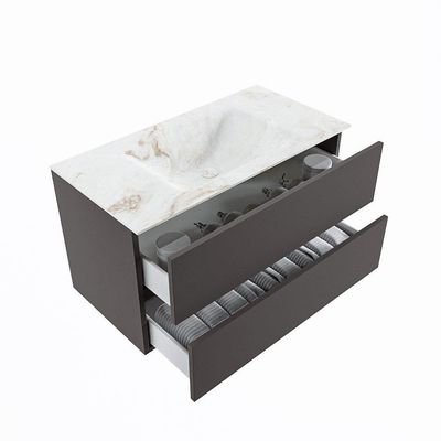 Mondiaz VICA-DLUX Ensemble de meuble de salle de bain - 90cm - meuble sous-vasque gris foncé - 2 tiroirs - lavabo encastré nuage milieu - 1 trou de robinet - version haute de 60cm - frape