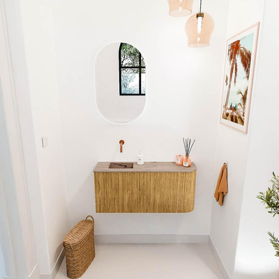 Mondiaz JOYA-DLUX 91.6cm toiletmeubel - ronding rechts kleur Oak - Wastafel FAYE positie Links Zonder kraangat kleur Arena.