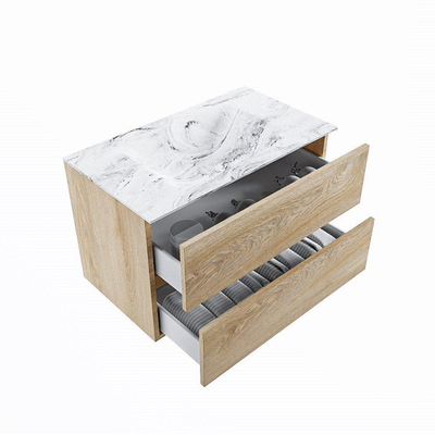 VICA-DLUX 80cm badmeubel onderkast washed oak 2 lades. Inbouw wastafel CLOUD midden 1 kraangat, kleur Glace.