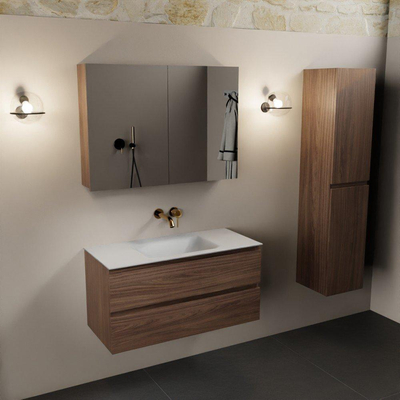 Mondiaz AIVY Ensemble de meuble - 100x45x50cm - 0 trous de robinet - 1 vasque Talc Solid surface - Centre - 2 tiroirs - avec miroir - Melamine Mocha