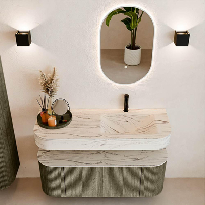 MONDIAZ THOR-DLUX 120cm meuble de salle de bains arrondi gauche + droite couleur Shadow avec 1 tiroir et 2 portes. Vasque suspendue CLOUD Droite 1 trou de robinet couleur Nata.