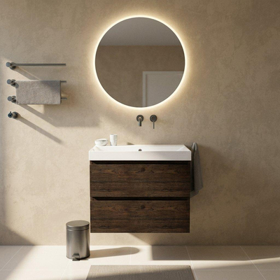 Saniclass Holz Pure Ensemble de meubles de salle de bains - 80x45x67.5cm - lavabo Wave en céramique - 1 vasque - sans trou de robinet - 2 tiroirs - chêne charcoal mat (bois)