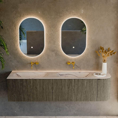 MONDIAZ KURVE-DLUX Meuble de salle de bains 175cm arrondi à droite couleur Shadow avec 2 tiroirs et 1 porte. Lavabo STOR SMALL Double / Gauche sans trou de robinet Nata.