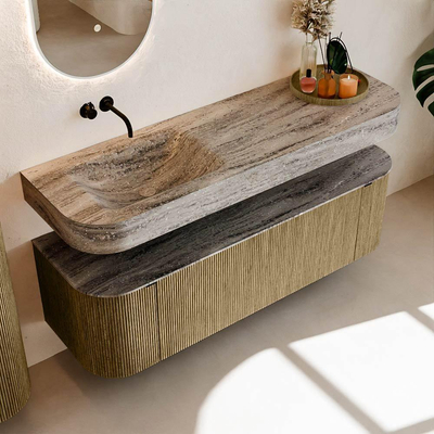 MONDIAZ THOR-DLUX 150cm meuble de salle de bains arrondi gauche + droite couleur Dusk avec 1 tiroir et 2 portes. Vasque suspendue CLOUD Gauche sans trou de robinet couleur Oza.