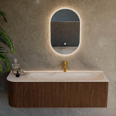 MONDIAZ KURVE-DLUX 145cm meuble de salle de bains arrondi Gauche couleur Walnut avec 1 tiroir et 1 porte. Lavabo BIG LARGE Droite 1 trou de robinet Meli.